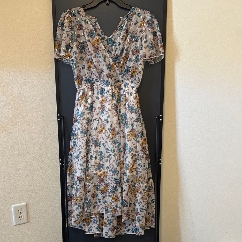 Zunie Cream Floral High-Low Midi Dress with Teal & Mustard Prints